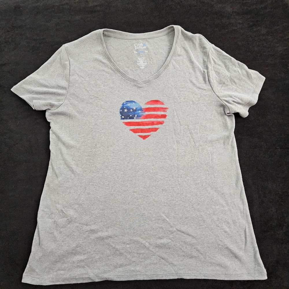 US Flag Heart Croft & Barrow Gray Short Sleeve Cotton Blend Women's L
